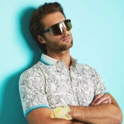 G/FORE Golf Shirt - Outline Iris Tech Pique - Stone AW23 -Golf Fashion Shop g4mf23k242 stn 175