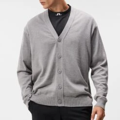 J.Lindeberg Golf Jumper - Lucas Knitted Cardigan - Grey Mel. AW23 -Golf Fashion Shop j lindeberg golf jumper lucas knitted cardigan grey mel aw23 gmkw09396 9363 15