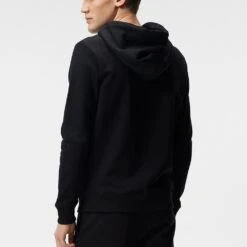 J.Lindeberg Golf Hoodie - Alpha Fleece FZ - Black SS23 -Golf Fashion Shop j lindeberg golf pullover alpha zip hood black ss23 amjs07674 9999 q