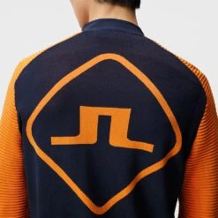 J.Lindeberg Golf Mid Layer - Rolf Hybrid Knit FZ - JL Navy SS23 -Golf Fashion Shop j lindeberg golf pullover rolf hybrid knit jl navy ss23 amkw07594 6855 f