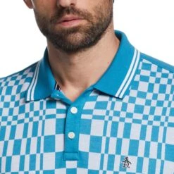 Original Penguin Shirt - PRM Tile Print Polo - Mosaic Blue SS23 -Golf Fashion Shop original penguin shirt prm tile print polo mosaic blue ss23 opks3038 993 c