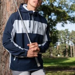 Original Penguin Golf Jacket - Colour Block Hoodie - Black Iris AW23 -Golf Fashion Shop original penguin lifestyle shot 0002 layer 5