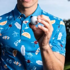 Original Penguin Golf Shirt - Cocktail Motif Polo - Med. Blue AW23 -Golf Fashion Shop original penguin lifestyle shot 0015 layer 11