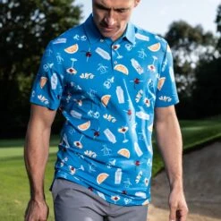 Original Penguin Golf Shirt - Cocktail Motif Polo - Med. Blue AW23 -Golf Fashion Shop original penguin lifestyle shot 0016 layer 10