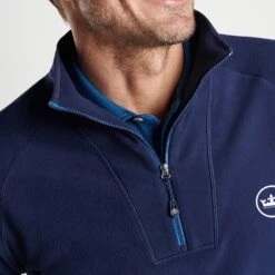 Peter Millar Golf Pullover - Thermal Micro Fleece QZ - Navy AW23 -Golf Fashion Shop peter millar model shot 0000s 0018 mf23ez38 nav alt z