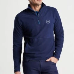 Peter Millar Golf Pullover - Thermal Micro Fleece QZ - Navy AW23 -Golf Fashion Shop peter millar model shot 0000s 0022 mf23ez38 nav alt a