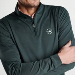 Peter Millar Golf Pullover - Perth Melange QZ - Balsam AW23 -Golf Fashion Shop peter millar model shot 0000s 0056 mf23ek40b blsm alt c