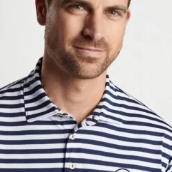 Peter Millar Golf Shirt - Baldwin Stripe Polo - Navy - White AW23 -Golf Fashion Shop peter millar model shot 0000s 0060 mf23ek60s nvwh alt z