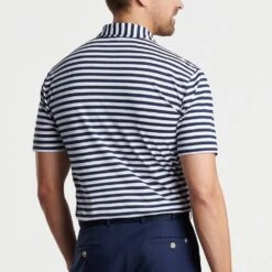 Peter Millar Golf Shirt - Baldwin Stripe Polo - Navy - White AW23 -Golf Fashion Shop peter millar model shot 0000s 0061 mf23ek60s nvwh alt b