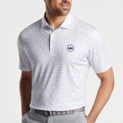 Peter Millar Golf Shirt - Cypress Print Polo - White AW23 14 Peter Millar Golf Shirt - Cypress Print Polo - White AW23 -Golf Fashion Shop peter millar model shot 0000s 0082 mf23ek13s wht alt a