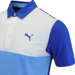 PUMA Golf Shirt - Cloudspun Colourblock Polo - Regal Blue AW23 -Golf Fashion Shop puma golf cloudspun colorblock polo festive blue regal blue 53744808 aw23 49