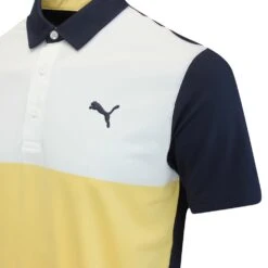 PUMA Golf Shirt - Cloudspun Colourblock Polo - Flaxen AW23 -Golf Fashion Shop puma golf cloudspun colorblock polo navy blazer flaxen 53744813 aw23 53