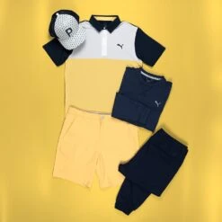 PUMA Golf Shirt - Cloudspun Colourblock Polo - Flaxen AW23 -Golf Fashion Shop puma aw23 laydown shot salter 0004 puma ss23 8